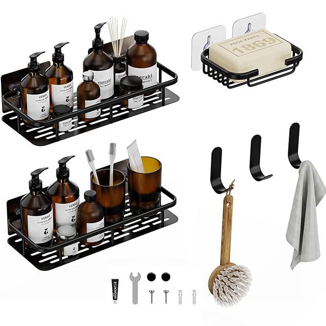 Shower Caddy Organizer, Shower Shelf with Soap Dish Holder & Hooks for Inside Shower Wall,4-Pack Adhesive No Drilling Traceless Bathroom Black Shower Rack Storage Basket Shampoo Holder Rustproof