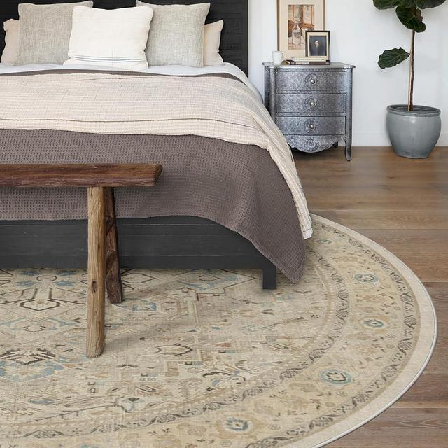 RUGGABLE Kamran Washable Rug - 8ft Round Rug - Vintage Washable Round for Area Rug, Living Room, Bedroom, Dining Room, Kitchen - Non-Slip Pad - Stain & Water Resistant (Cushioned Pad) - Ivory Opal 8’