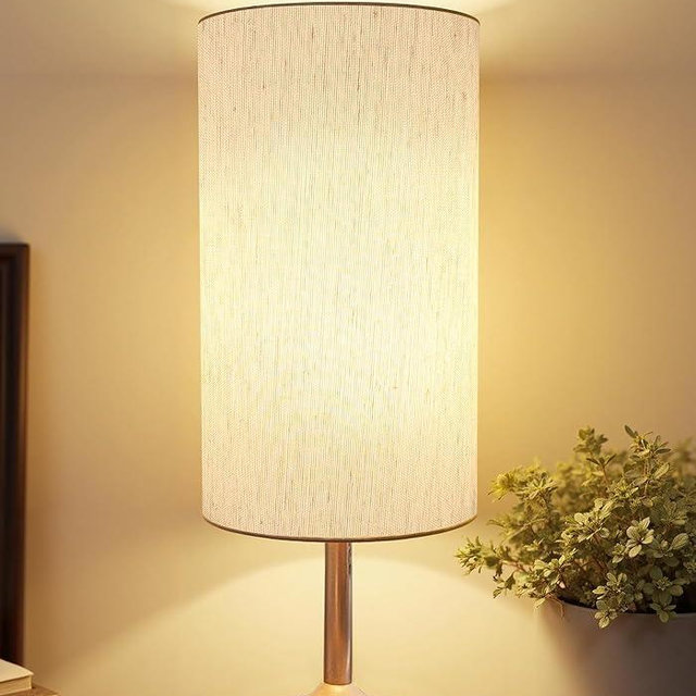 Cordless Table Lamp, Bedside, Dimmable, Touch, Timer, 2700K, Bedroom, Portable, LED, Wireless, Rechargeable, Battery Operated, Desk Lamp, Fabric Shade, Wood-Grain Finish, Living Room, Dining Room