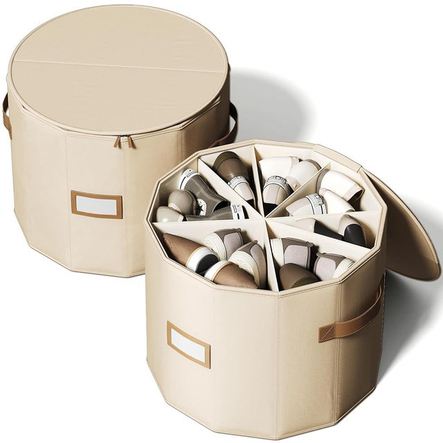 Vailando Shoe Organizer for Closet - Cylindrical Shoe Storage Organizer with Adjustable Dividers for Closet, Foldable Shoe Storage Box, Beige, 2-Pack, Large
