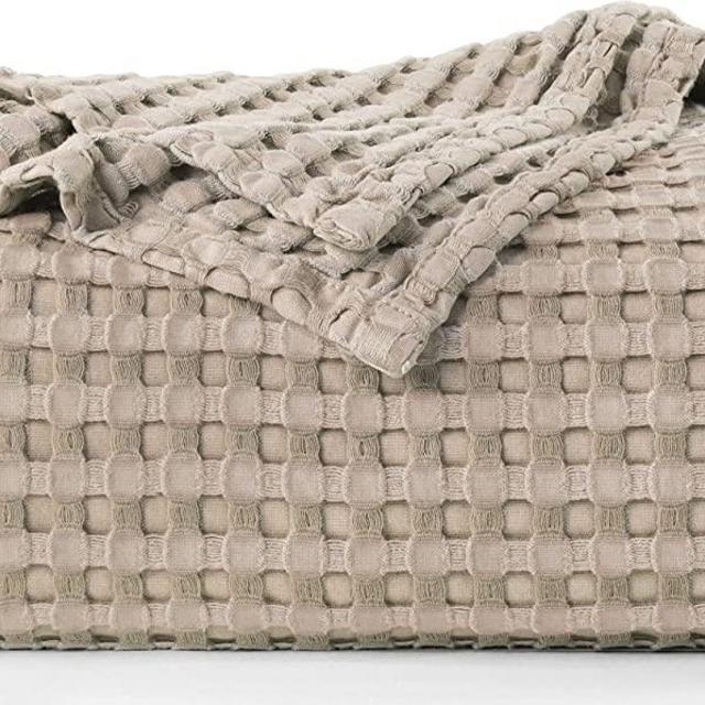 Utopia Bedding Cotton Waffle Blanket 300 GSM (Khaki - 90x90 Inches) Soft Lightweight Breathable Bed Blanket Queen Size Layering Any Bed for All Season
