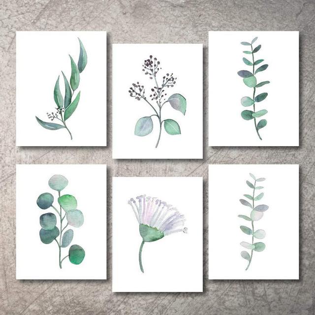 Botanical Prints Wall Decor - Kitchen Art Eucalyptus Leaves Set UNFRAMED Pictures 6 PIECES Nature Floral Plant Flower Green Small Botanical Prints Wall Art Vintage Print looking Poster (8x10)