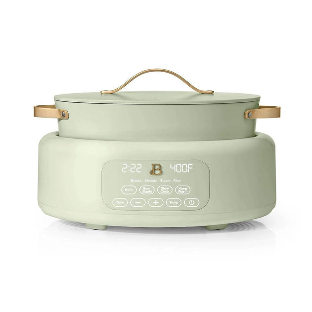 Beautiful 10-in-1 Electric Multi-Cooker, 6-Quart Capacity, 7 Preset Functions, Sauté, Slow Cook, Braise, Steam, Dishwasher Safe, Oven Safe, Durable Stainless Steel Handles (Sage Green)