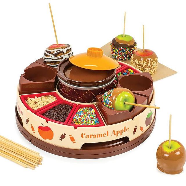 Nostalgia Chocolate & Caramel Fondue Pot, 25 Sticks, Fondue Machine with Decorating and Toppings Trays, Brown