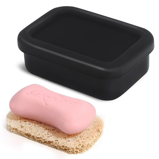 HighHerz Leak Proof Silicone Travel Soap Case with Draining Tray - Bar Soap Holder for Travel, Gym & Camping - Mess-Free Portable Soap Container for Carry-on Bags (Black)