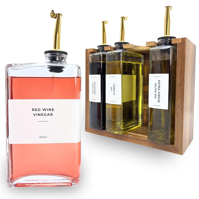 PEGSORIX The Oil Library | Glass Oil & Vinegar Bottles with 100% Acacia Wood Stand | 4 Containers, 5 Gold Nozzles & 35 Stain-Resistant Labels | Countertop Display Set