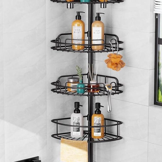 HAMITOR Shower Caddy Tension Pole: 4-Tier Rustproof Bathroom Corner Shelf Organizer for Renters - No Drill Large Shampoo Storage Rack - Adjustable 47-121 Inch - Space Saving Bathtub Accessory - Black