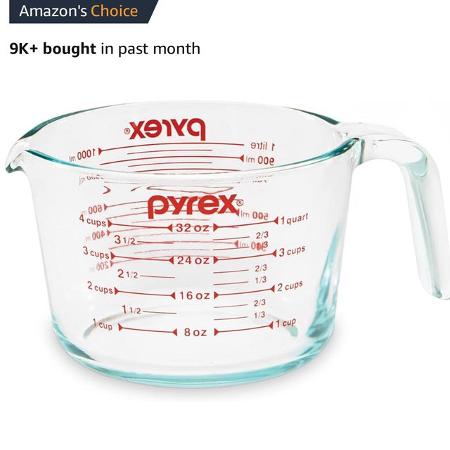 Pyrex 4-Cup Glass Measuring Cup For Baking and Cooking, Dishwasher, Freezer, Microwave, and Preheated Oven Safe, Essential Kitchen Tools