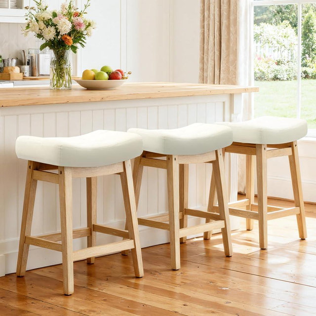 RNKSFX Counter Height Bar Stools Set of 3 for Kitchen Counter Backless Farmhouse Kitchen Island Barstools with Upholstered Faux Leather Saddle Seat and Solid Wood Legs Modern 24 inch Bar Chairs, White