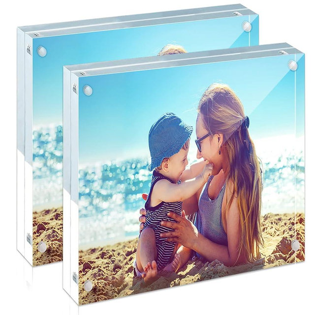 HELPLEX Acrylic Frames, 2 Pack 4x4, 20mm Thicker Frameless Clear Frame, Double Sided Magnetic, Free Standing Desktop Display