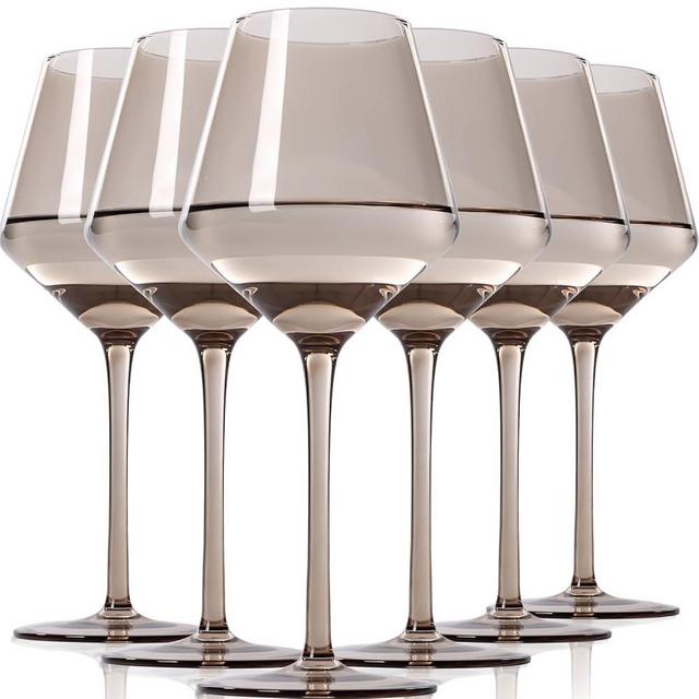 TrophyToast Smokey Grey Wine Glasses Set of 6-【Hand Blown】 Crystal Wine Glasses With Tall Long Stem,Smokey Gray Glasses for Wine Tasting,Wedding Gift,Anniversary,Birthday 16oz