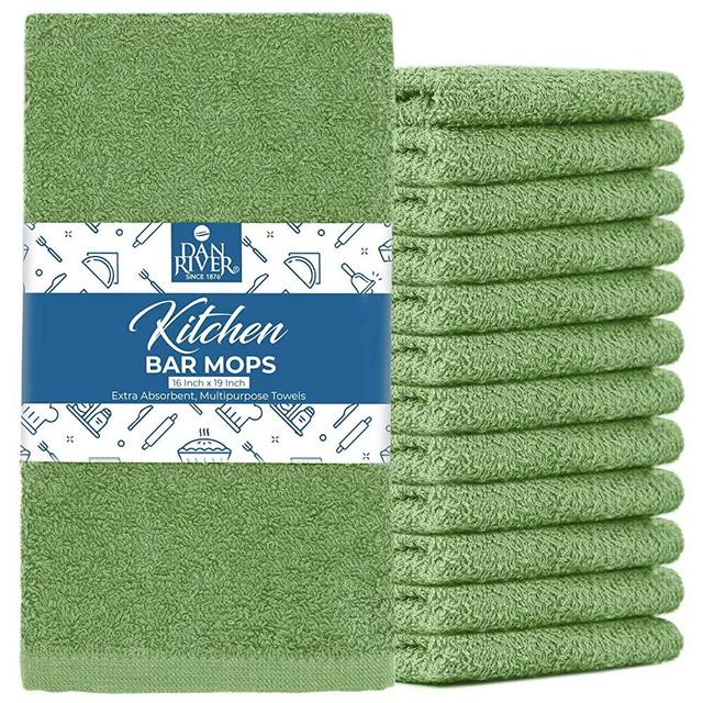 DAN RIVER 100% Cotton Bar Mop Dish Cloth| Bar Mop Towels| Soft and Absorbent KitchenTowels| Bar Mop Towels Bulk Set| Cleaning Towels for Home,Kitchen,Restaurants| Green| 350 GSM| 16x19 in| Pack of 12