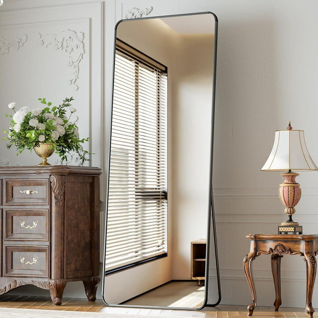 XRAMFY 65"x24" Floor Full Length Mirror Standing Full Body Rounded Corner Rectangle Mirrors with Stand Hanging Wall Mounted Leaning Bedroom Living Room Bedroom Cloakroom,Black