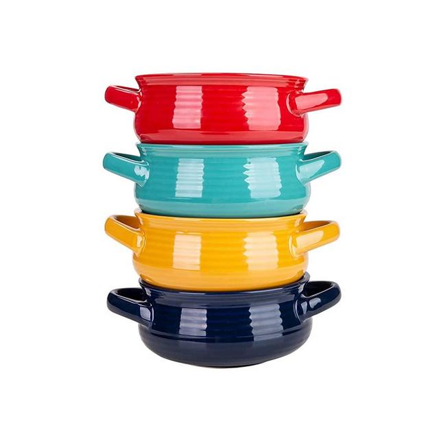 Cutiset 20 Ounces ceramic bowls set with handles for Soup, Cereal, Stew, set of 4, multicolor