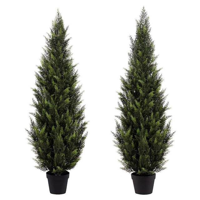 ZEEOZE 4FT Artificial Cedar Topiary Trees (2 Pack) - UV Resistant Faux Evergreen Shrubs Extra Dense Foliage Realistic Fake Pine Cypress Plants Easy Assembly for Front Porch Garden Indoor Office Decor