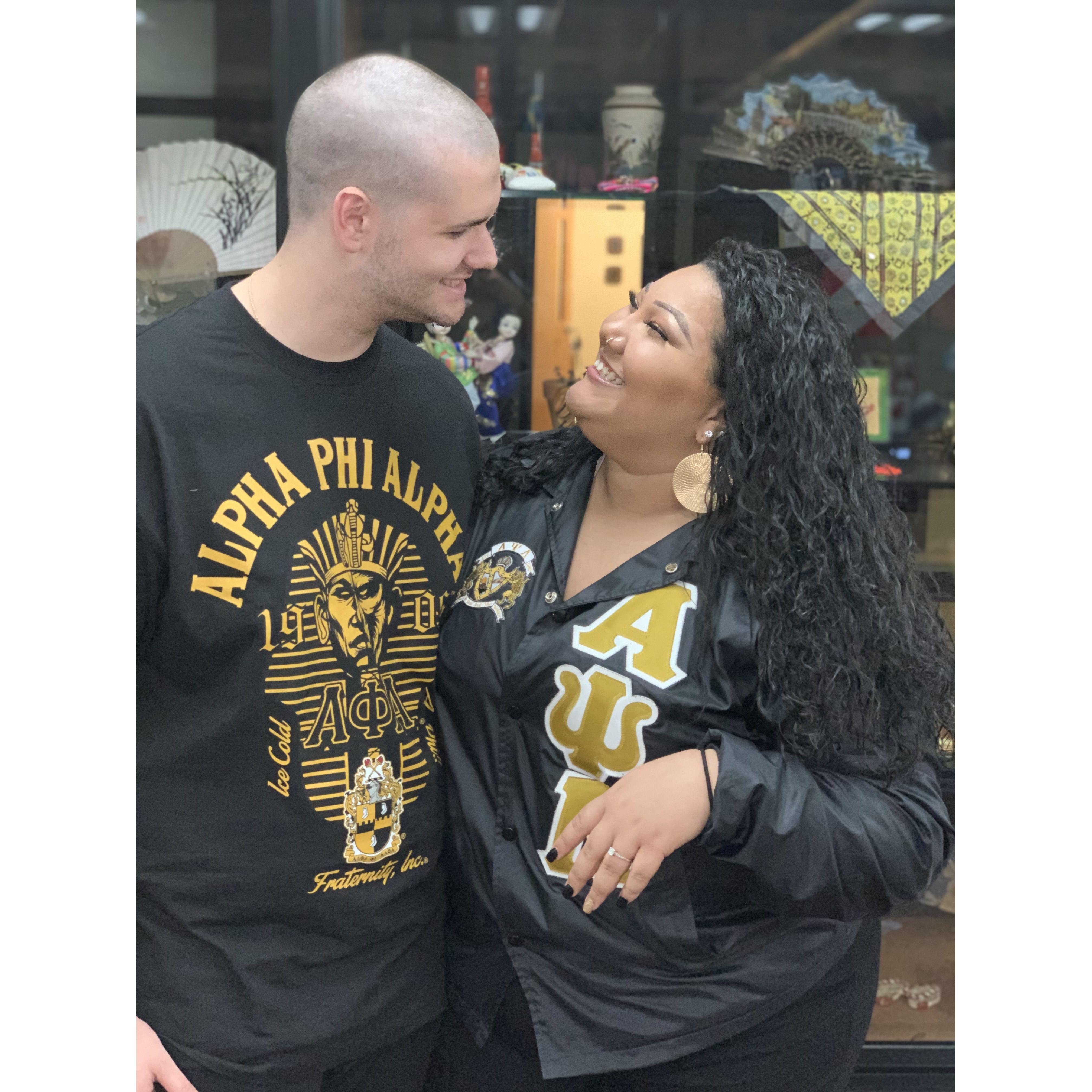 Right after Max's probate for Alpha Phi Alpha Fraternity, Inc. Fun fact: most of our pictures together were taken in our letters!