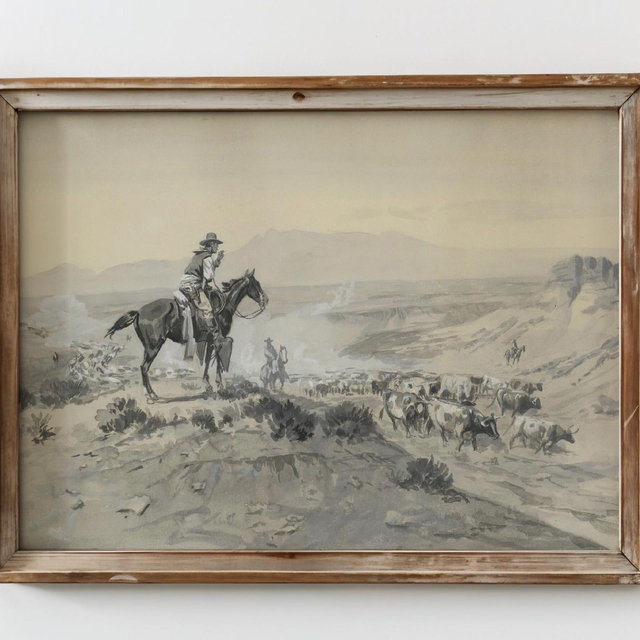 PRINTED Vintage Western Cowboy Wall Art Rustic Horse and Cattle Drive Print Southwestern Ranch Decor Neutral Western Art Landscape VPI-29