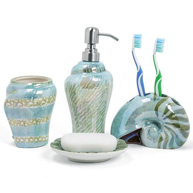 FORLONG Conch Sea Shell Ceramic Bathroom Accessories Set of 4,1 Gargle Cups 1 Toothbrush Holders 1 Soap Dishes 1 Soap Dispenser Green