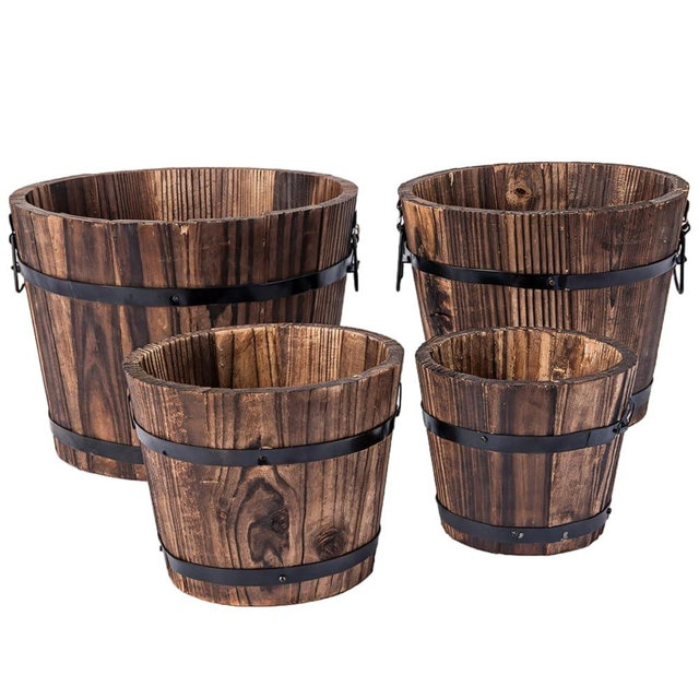 Skdqiee 4 PCS Wooden Whiskey Barrel Planters, Wine Barrel Flower Pot with Rubber Hoops, 4 Sizes Versatile Planter for Indoor and Outdoor Plants