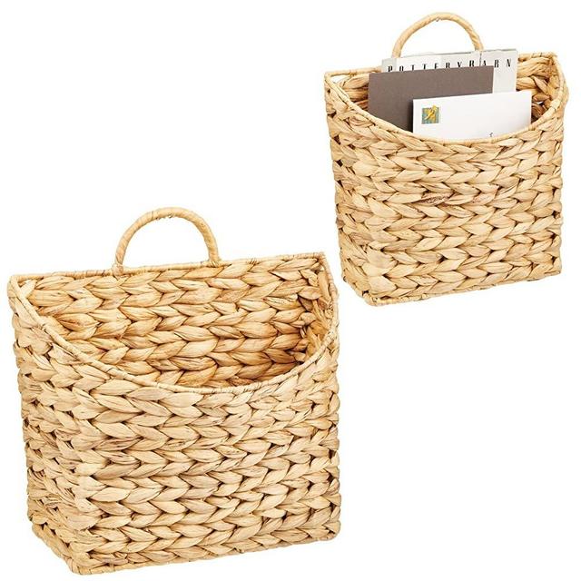 mDesign Woven Water Hyacinth Hanging Wall Storage Basket for Flowers & Essentials, Decorative Boho Mounted Organizer for Pantry, Closet, Bathroom, and The Door - Set of 2 - Natural