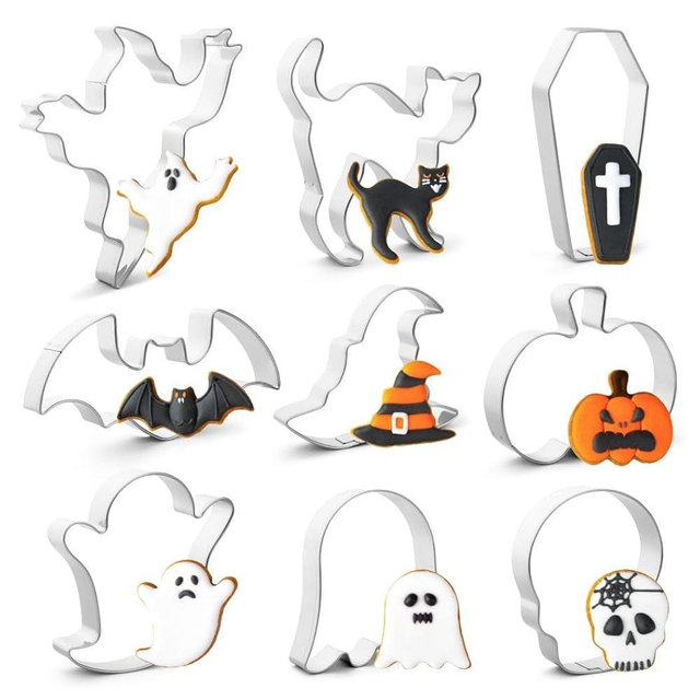 Halloween Cookie Cutters Set,9 Piece Stainless Steel Metal Halloween Cookie Cutters Shapes - Pumpkin, Ghosts, Bat, Black Cat, Witch's Hat, Skull, Coffin