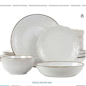 Elama Countess 16 Piece Embossed Double Bowl Stoneware Dinnerware Set in Ivory