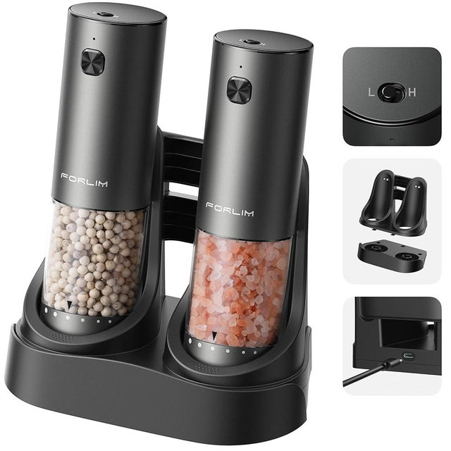 FORLIM 2-Speed ​​Electric Salt And Pepper Grinder Set, External Rotation To Adjust Coarseness, Electric Salt and Pepper Shaker With Charing Base, One-Button Automatic Grinding, Washable Container