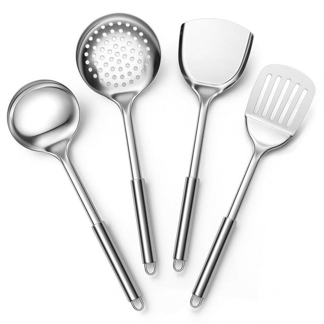 E-far Stainless Steel Cooking Utensils, 4-Piece Heat Resistant Kitchen Utensils Set, Non-toxic Metal Kitchen Tools Spatulas Set Including Soup Ladle, Slotted/Solid Turner, Skimmer, Dishwasher Safe