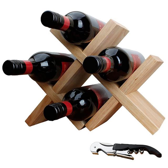 SuperBinson 4 Bottles Natural Wood Wine Rack Holder for Table or Countertop, Rustic Wooden X Lattice Morden Wine Storage Holder for Wine Lovers (1, Rustic Wood)