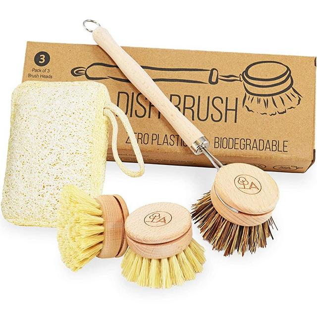 Eco Dish Brush & Dish Sponge Set - Eco Friendly Cleaning Products - Low-Waste Wooden Dish Washing Brush - Dish Brush Set with 3 Replacement Heads - Eco Friendly Products, Brush for Dishes - Agile