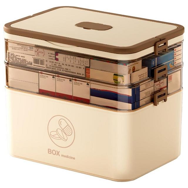 CurcKua Medicine Storage Box 3-Tier Portable PP First Aid Storage Box with Sealing Buckle & Dual Trays Partitioned Medicine Box Organizer Storage for Family, Office and Travel, Brown