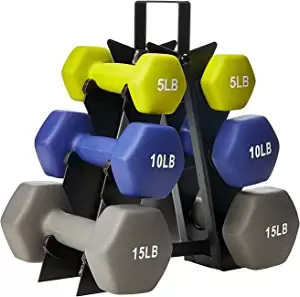 HolaHatha Neoprene Dumbbell Free Hand Weight Set (5, 10, 15 lb) with Storage Rack