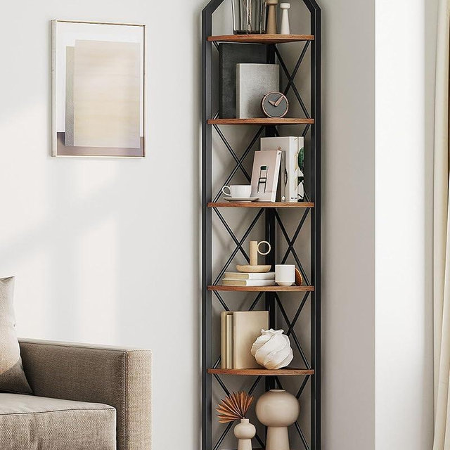 CHOEZON 6-Tier Corner Shelf, Industrial Corner Bookshelf, 71.2" Corner Storage Stand, Plant Stand Display Shelf, Corner Bookcase for Bedroom, Living Room, Home Office, Rustic Brown and Black TCJ11BF