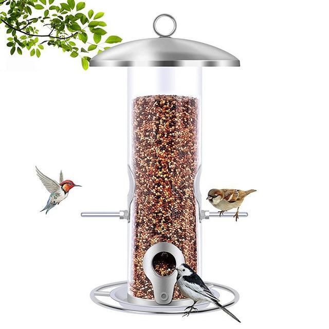 Gtongoko Metal Tube Bird Feeder for Outside Hanging, 10.2 Inch Clear Plastic Wild Bird Feeder for Outside Hanging,Circular Perch for More Birds