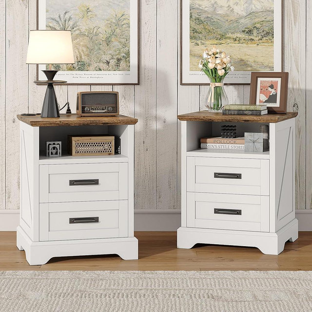 Whalefall Farmhouse Night Stand Set of 2, Large 2 Drawers Bed Side Table with Charging Station, 18 inch Wide End Table for Bedroom, Living Room, 2pcs, White