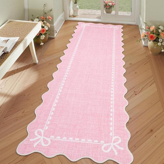 GarveeHome Scalloped Bow Rug for Living Room, Solid Pink Rug for Dorm, Washable Runner Rugs 2x6 Soft Low Pile Non Slip Scalloped Rugs for Nursery Bedroom Decor Hallway Entryway Playroom