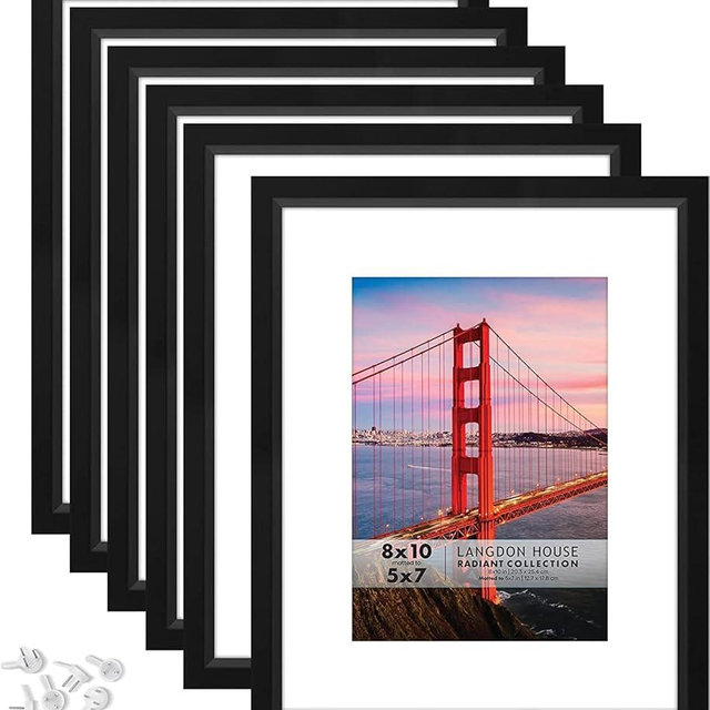 Langdon House 8x10 Picture Frames w/Mat to 5x7 (Black, 6 Pack), Modern w/Beveled Accent, Tabletop Easel and Wall Hanging Hooks Included, Radiant Collection