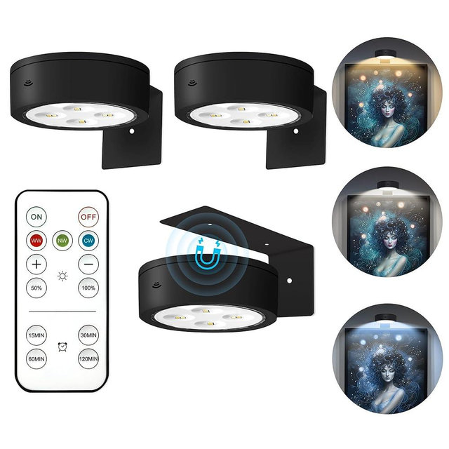 3Pcs Picture Lights for Wall Battery Operated, Magnetic Led Painting Light with Remote Dimmable and Timer, 3 Lighting Modes Art Display Light for Picture Frame, Wireless Wall Decor Puck Lights, Black