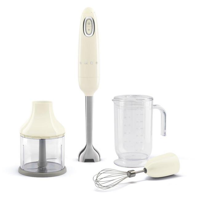 SMEG Handheld Immersion Blender with Beaker, Chopping Bowl w/Lid, Wire Whisk, 5 Speed Controls, made with Stainless Steel Blades and Ergonomic Design (Cream)