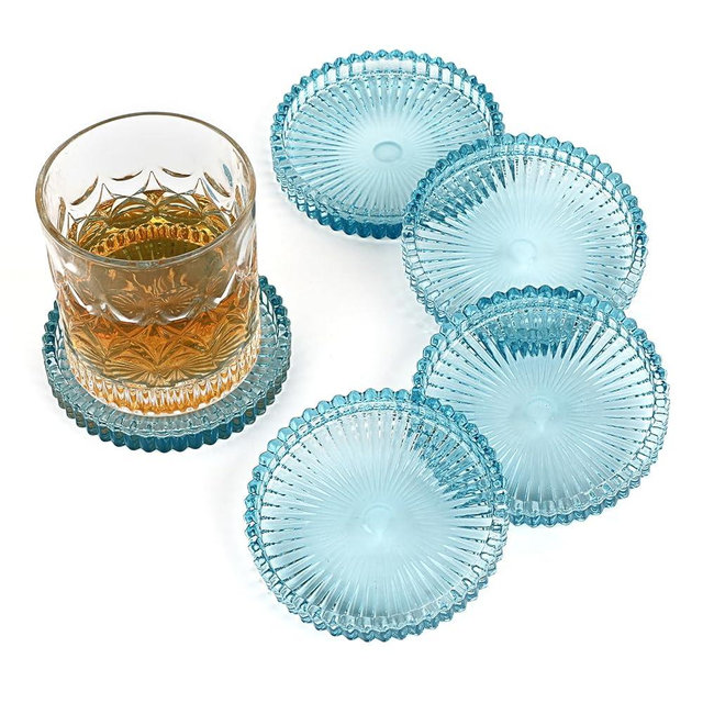 OGANAZI Modern Clear Coaster Set of 5- Glass Coasters for Drinks Crystal Coasters Round Cup Mat Coffee Table Decor for Office, Kitchen, Bar, Dining Room, Living Room, Patio(Clear Blue)