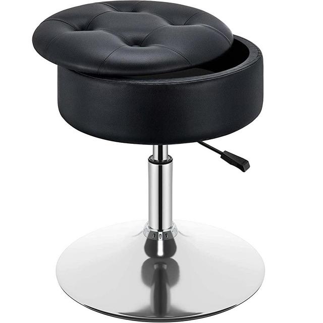 Greenstell Vanity Stool, 360°Swivel Storage Makeup Stool, 17.9" to 24.2" Height Adjustable PU Leather Vanity Chair with Removeable Tray, Modern Round Ottoman for Living Room Bedroom Bathroom Black