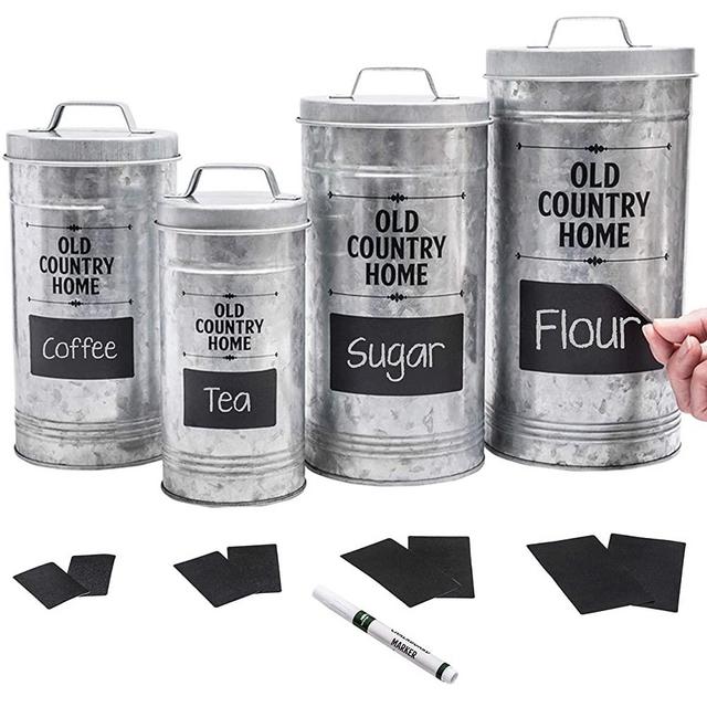 Farmhouse Kitchen Canisters Set by Saratoga Home - Removable Chalkboard Labels and Marker Included, Set of 4 Airtight Nesting Galvanized Containers for Sugar, Flour, Coffee, Tea or Rice Storage