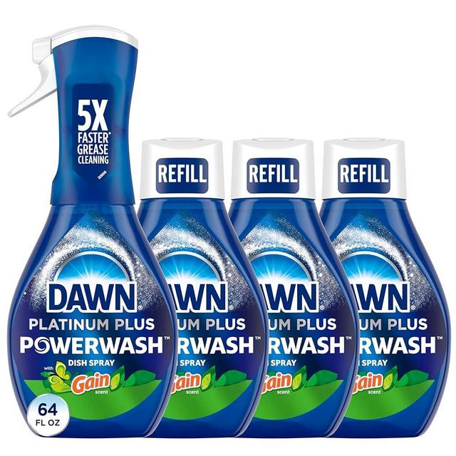 Dawn Powerwash Gain Original Dish Spray, Liquid Dish Soap 1 Starter Kit + 3 Refills, 64 Fl Oz