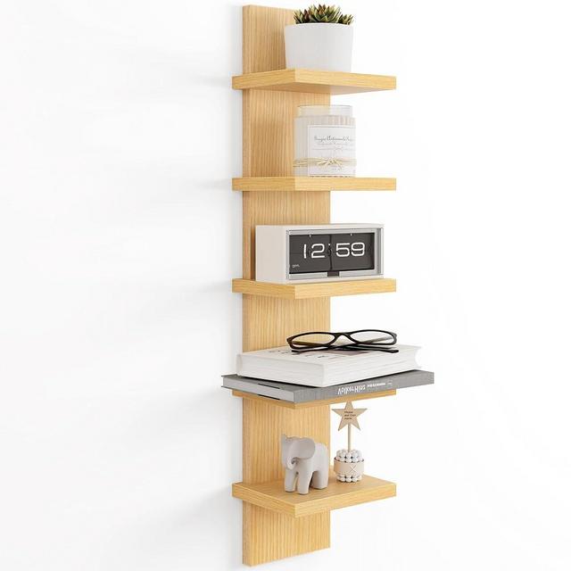 Fun Memories 5 Tier Wall Shelf Unit, Decorative Wall Mount Vertical Shelving, Floating Storage Home Decor Organizer Tall Tower Design Utility Shelving Bedroom Living Room, Oak