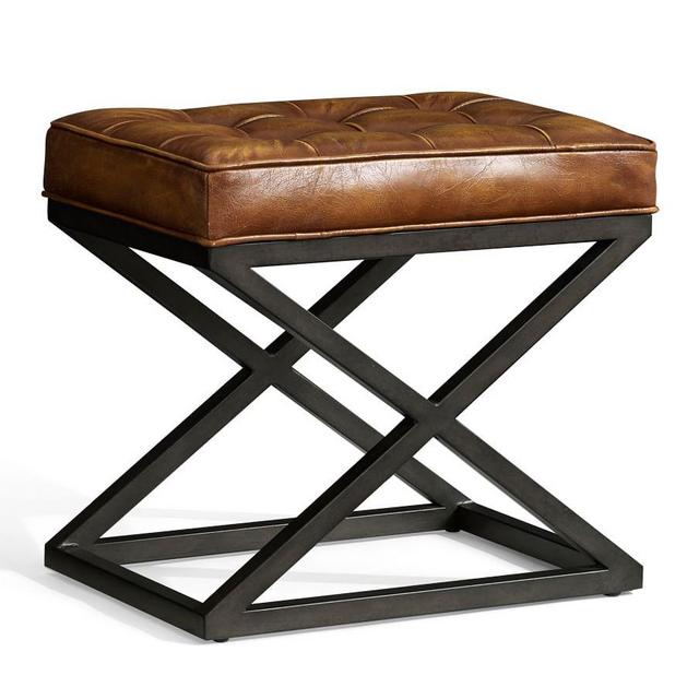 Kirkham Tufted Leather Stool, Rustic Brown Base, Churchfield Camel