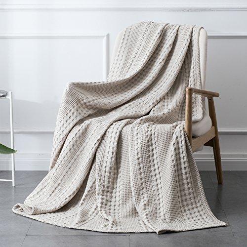 PHF Cotton Waffle Weave Blanket Home Decorations for All Season Cozy Soft Comfort King Size Khaki