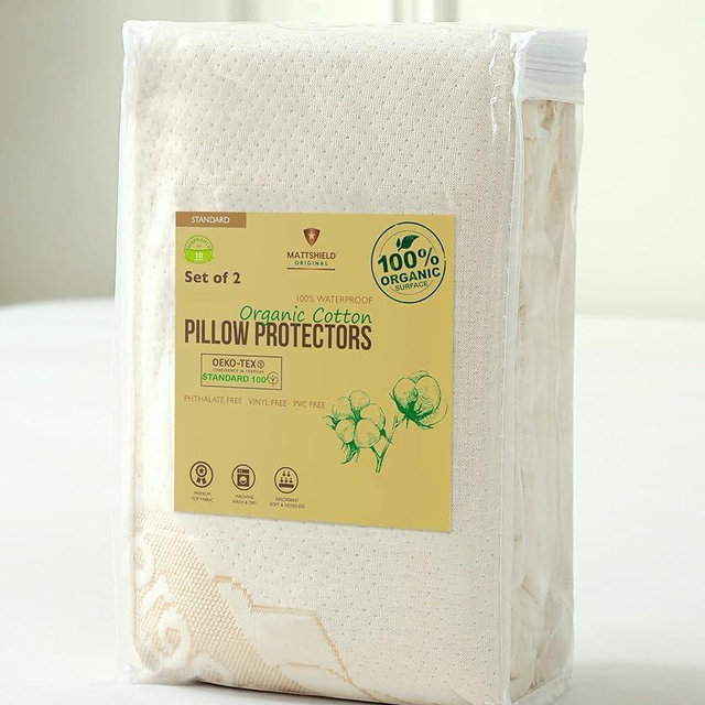 2-Pack Deluxe Organic Cotton Pillow Protectors - Standard - Certified Organic Cotton, Waterproof, Zippered Encasement, Soft Knit Fabric, Thick 280 GSM Cotton
