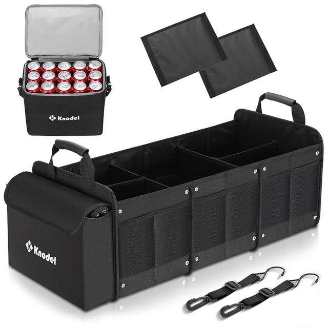K KNODEL Extra Large 3 Compartments Trunk Organizer Heavy Duty for Car, SUV with Cooler Bag, 2 Adjustable Securing Straps (4-in-1, Black)