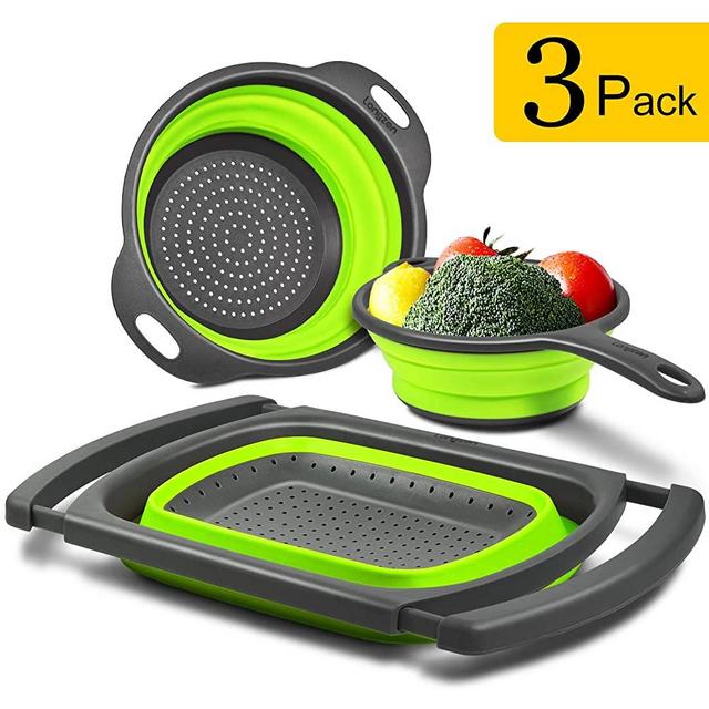 Longzon Collapsible Colander Silicone [ Set of 3 ], Over the Sink Strainers 6 Quart, Diameter Sizes 8'' - 2 Quart and 9.5" - 3 Quart, Colanders for Pasta Vegetable with Extendable Handles Green