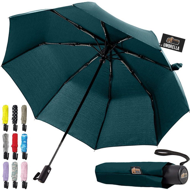 GORILLA GRIP Strong Windproof Stick Compact Umbrella for Rain, One-Click Automatic Open and Close, Durable Quick Dry Waterproof Material, Lightweight, Portable, Travel Size Fits Backpack, Hunter Green